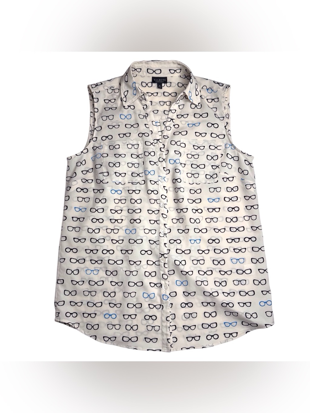 Talbots Ivory Eyeglasses Print Sleeveless Blouse Button Up Shirt Academia
